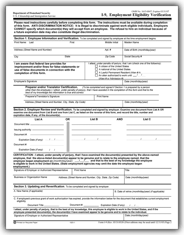 TF1025 - I-9 Form - Employment Eligibility Verification