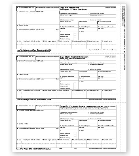 TF5210 - Laser W-2 Form - 3-Up, Horizontal Format