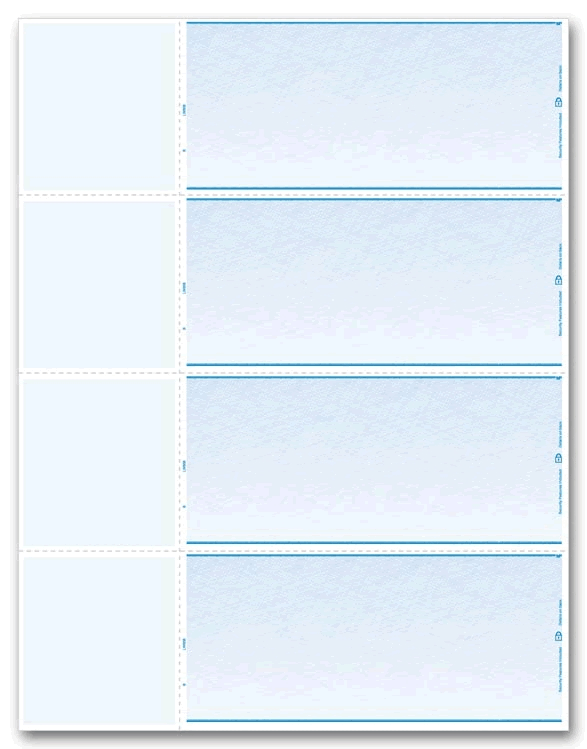Blank laser checks come 4 to a page. Added security features to enhance safety. Choose check color. Diamond pattern.