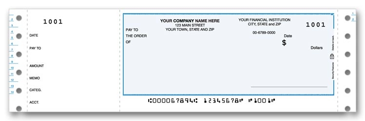 Compact Continuous Quicken® checks are compatible with various software. Detachable side stub for recording expenses. 
