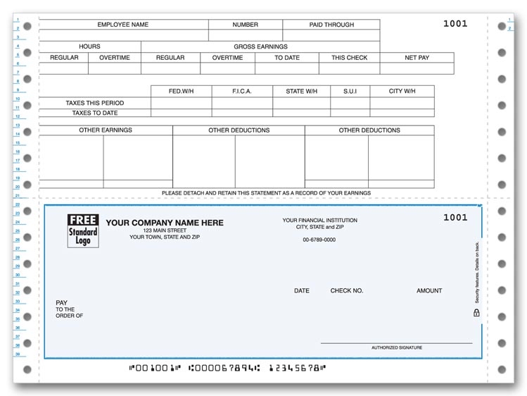 Continuous Payroll Checks are convenient with a pre-printed detachable stub. Personalize. Choose your check color.