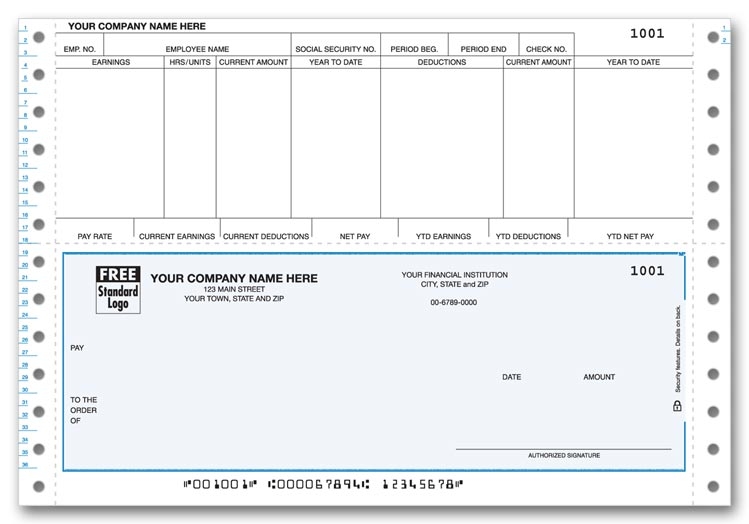 Continuous Payroll Checks are convenient with a pre-printed detachable stub. Personalize. Choose your check color.