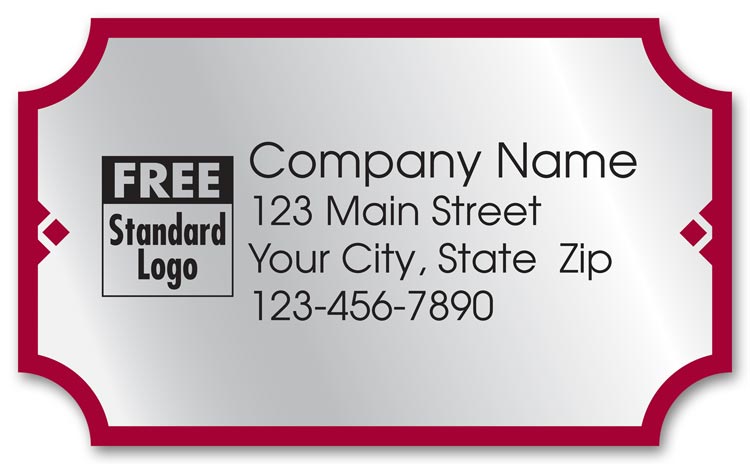 These advertising labels are silver foil with a red border. Include your business information printed.