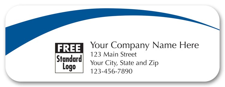 Small white glossy labels with a blue arc running across the top. Printed with your company name.
