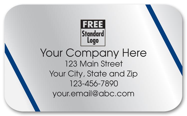 Silver foil labels printed in black ink with your company name between 2 diagonal blue lines.