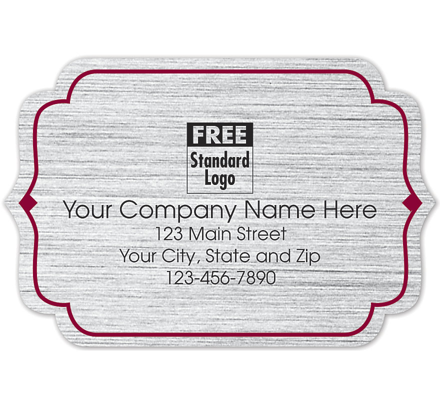 These advertising labels are printed on silver brushed stock with a red border and include your business information.