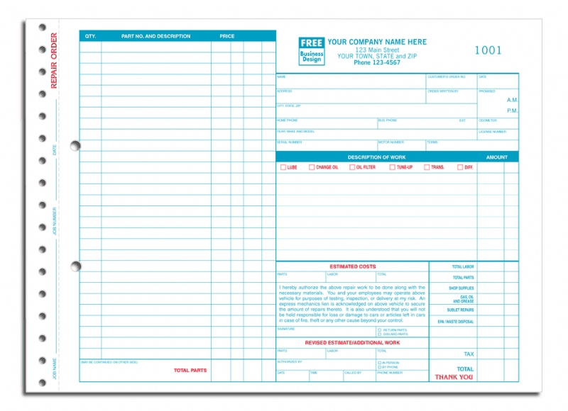 654 - Large Auto Repair Order Forms