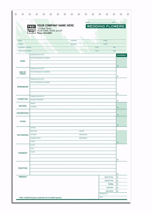675T - Wedding Flower Order Forms