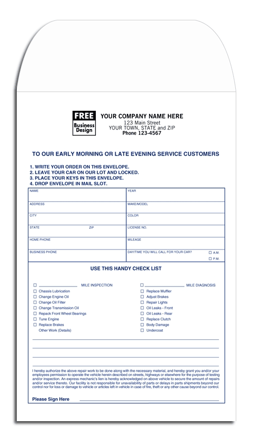 69ARE - Custom Overnight Auto Repair Envelope Printing