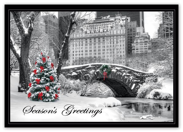 Budget holiday city snow day cards with company logo and message

