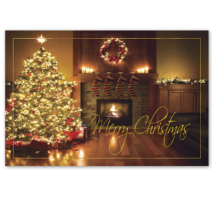 Beautiful scenery of a family home around Christmas time with a fireplace lit.